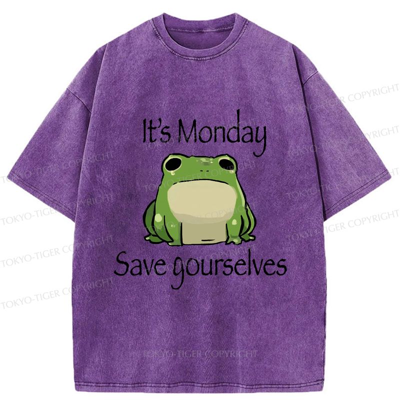 Kyoto-Lion Funny Frog: It's Monday Save Yourselves Washed T-Shirt