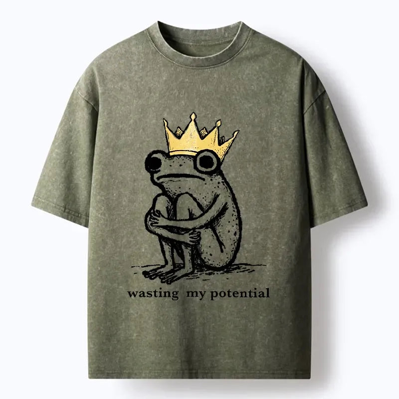 Kyoto-Lion Crown Frog Wasted Potential Meme Washed T-Shirt
