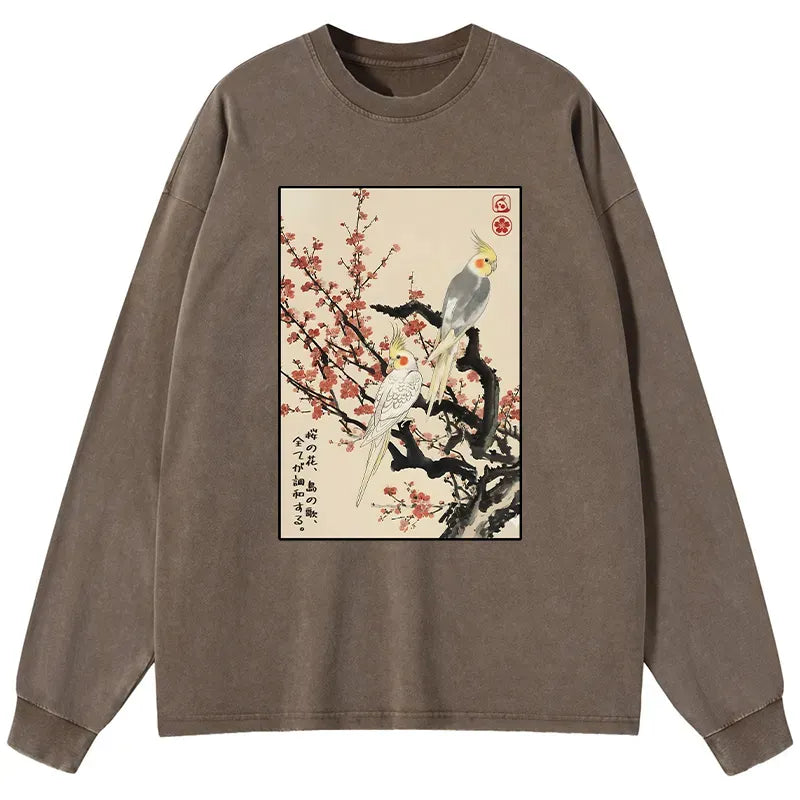 Kyoto-Lion Whispers of Silent Blossoms Washed Long Sleeve T-Shirt