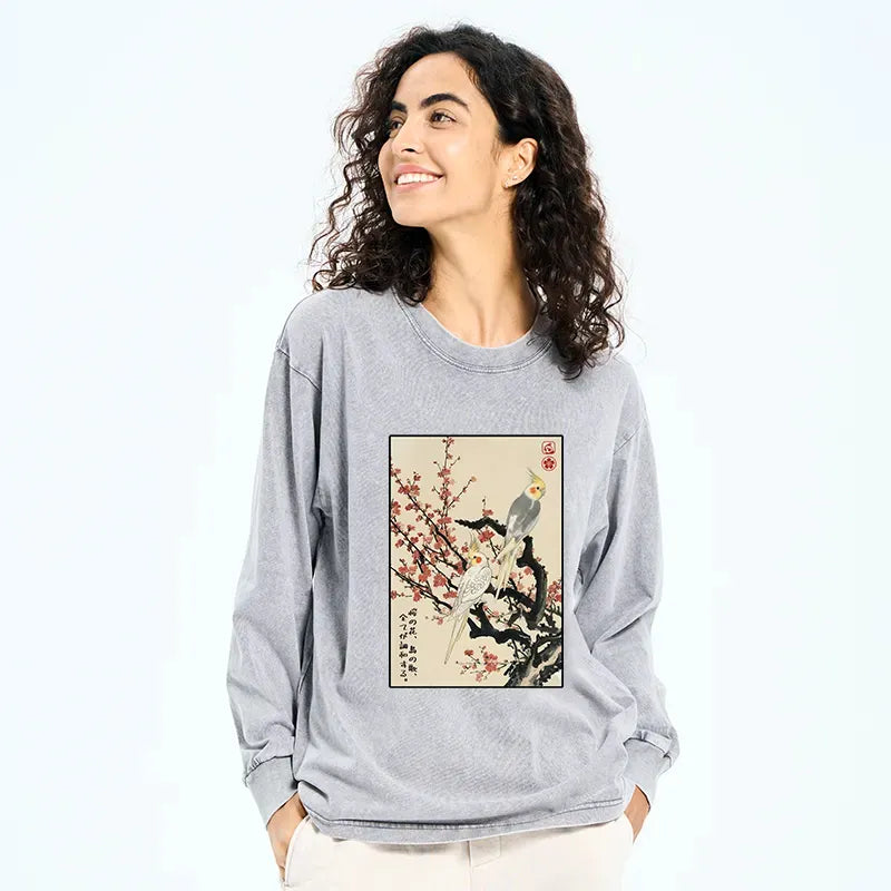 Kyoto-Lion Whispers of Silent Blossoms Washed Long Sleeve T-Shirt