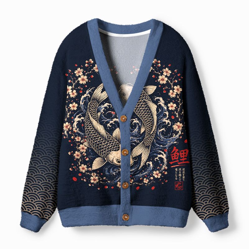 Kyoto-Lion Japanese Twin Koi Wave Art Ugly Cardigan Sweater