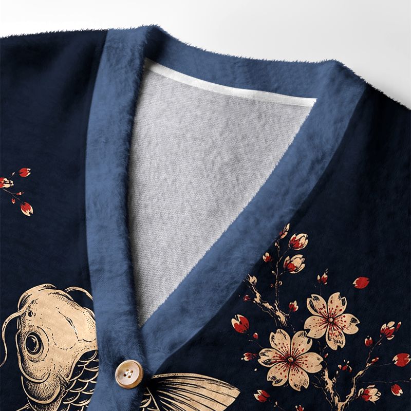Kyoto-Lion Japanese Twin Koi Wave Art Ugly Cardigan Sweater