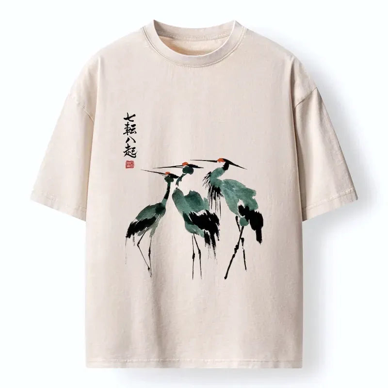 Kyoto-Lion Spirited Up Cranes Ink Painting Washed T-Shirt