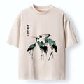 Kyoto-Lion Spirited Up Cranes Ink Painting Washed T-Shirt