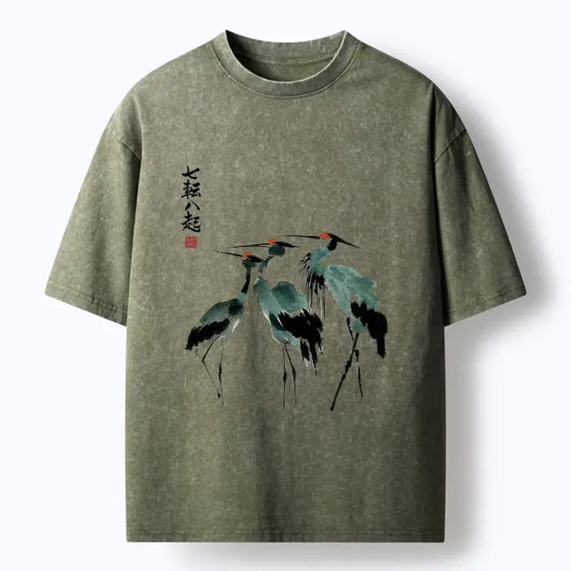 Kyoto-Lion Spirited Up Cranes Ink Painting Washed T-Shirt