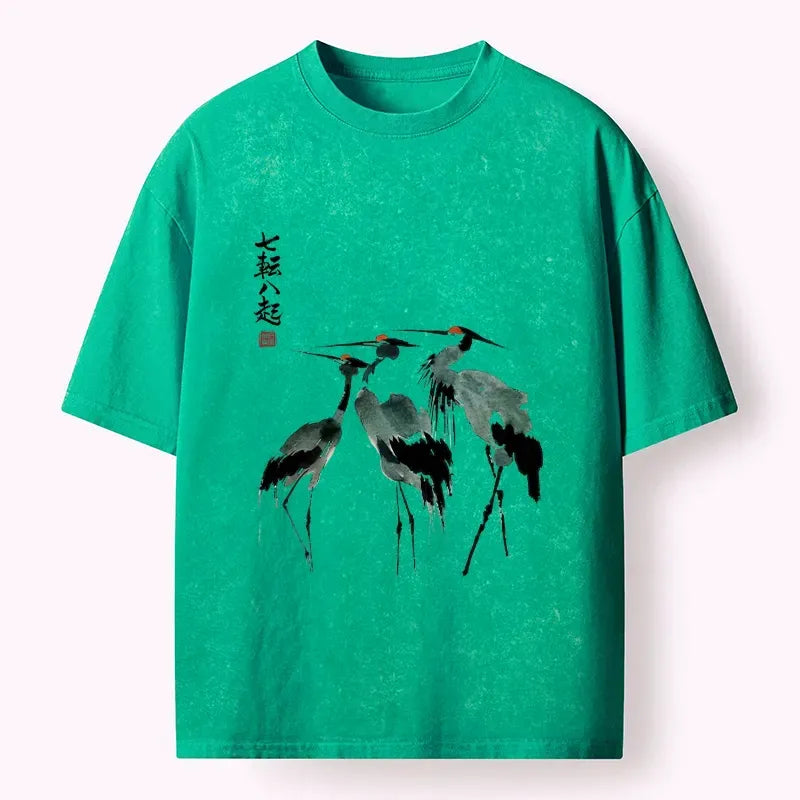 Kyoto-Lion Spirited Up Cranes Ink Painting Washed T-Shirt