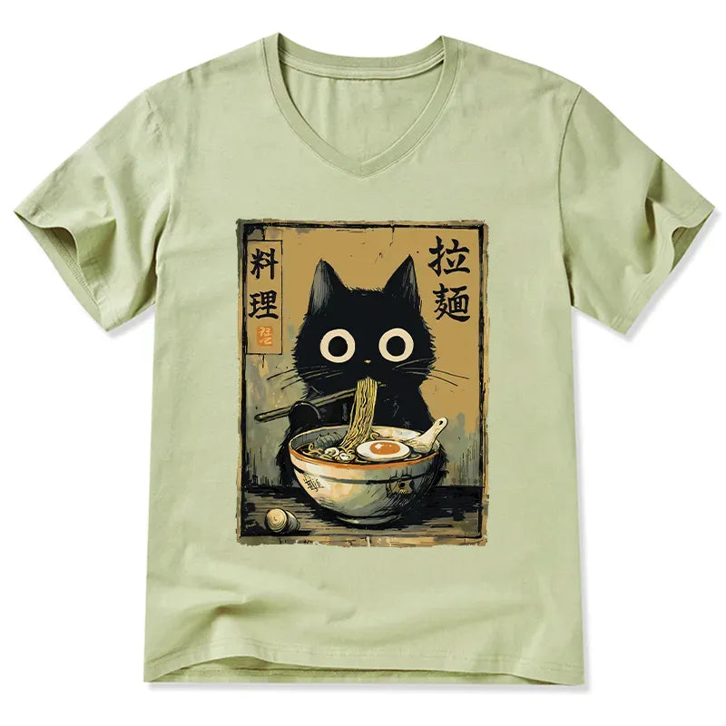 Cute Black Cat Ramen V-Neck T-Shirt