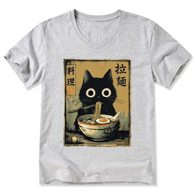 Kyoto-Lion Cute Black Cat Eating Ramen Japan V-Neck Classic T-Shirt