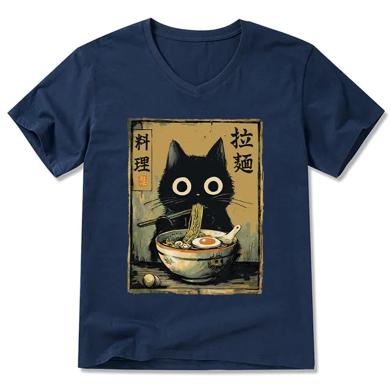 Cute Black Cat Ramen V-Neck T-Shirt