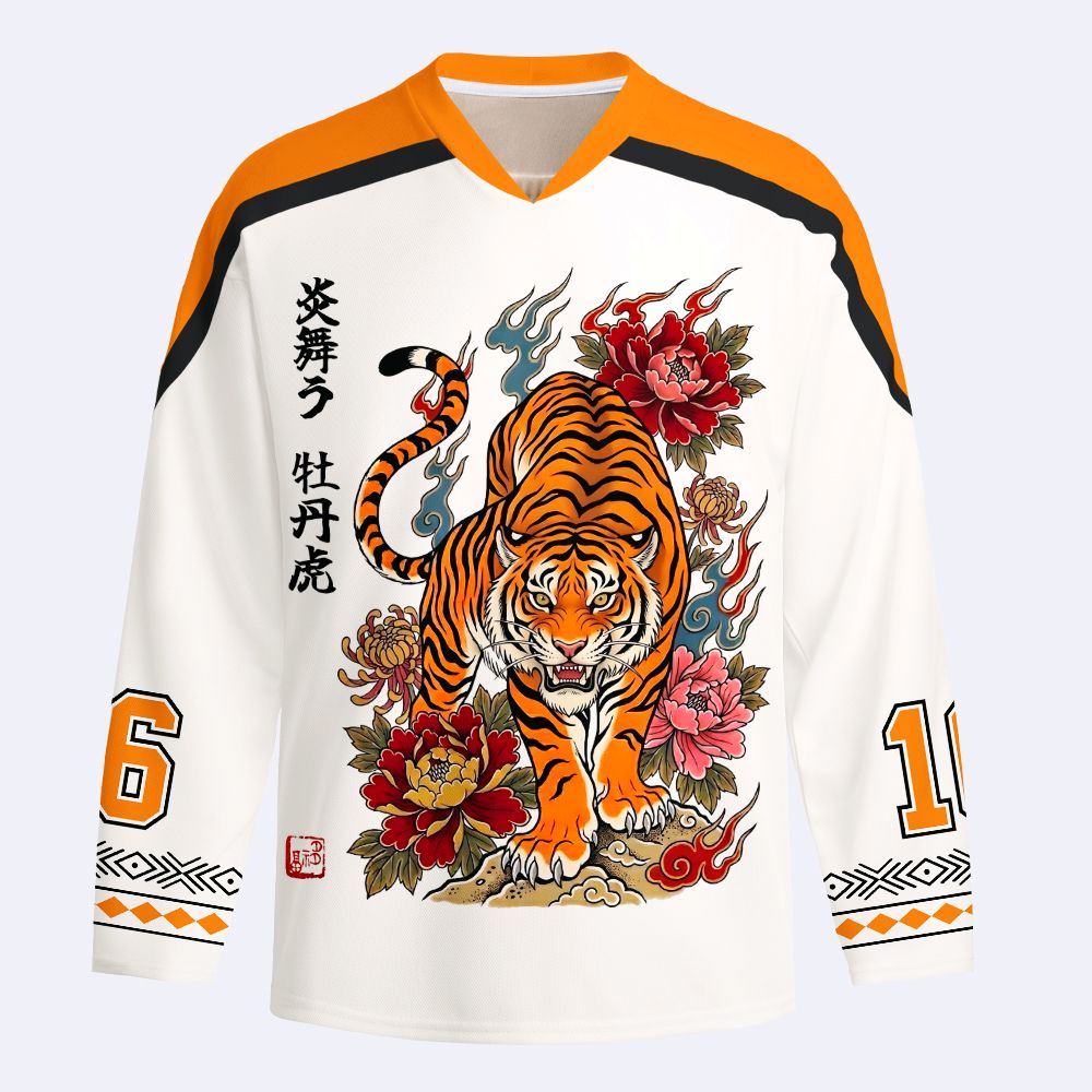 Kyoto-Lion Floral Tiger Art Long-Sleeve Hockey Jersey