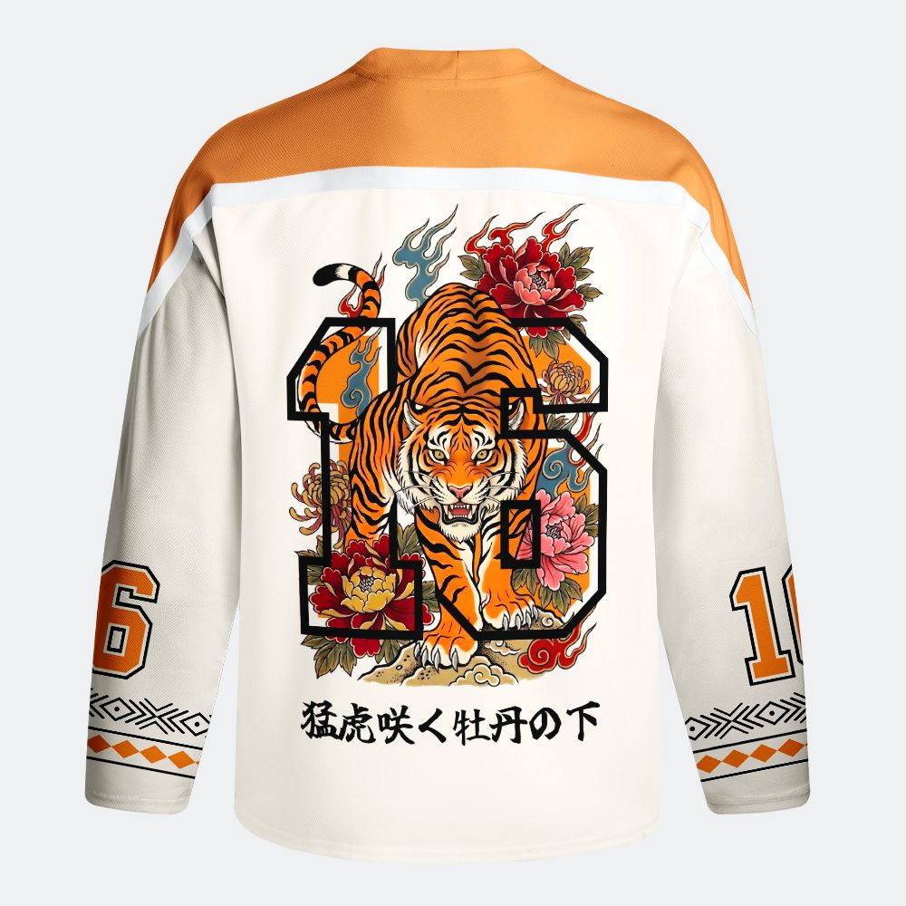 Kyoto-Lion Floral Tiger Art Long-Sleeve Hockey Jersey