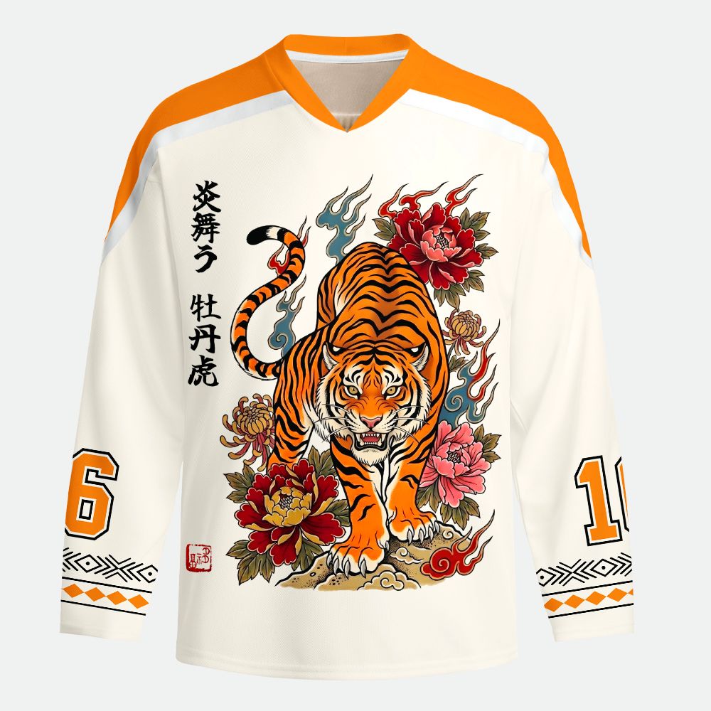 Kyoto-Lion Floral Tiger Art Long-Sleeve Hockey Jersey