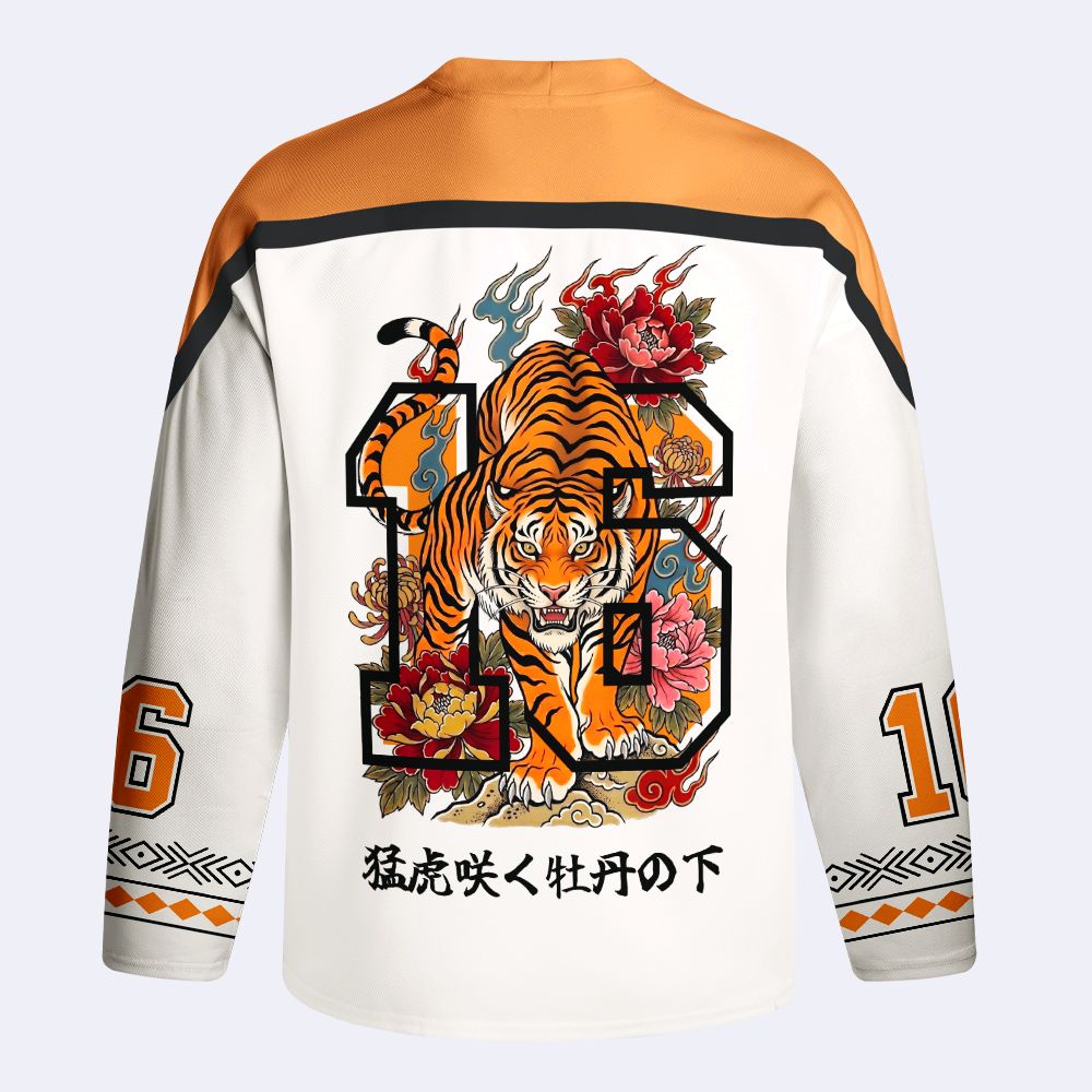 Kyoto-Lion Floral Tiger Art Long-Sleeve Hockey Jersey