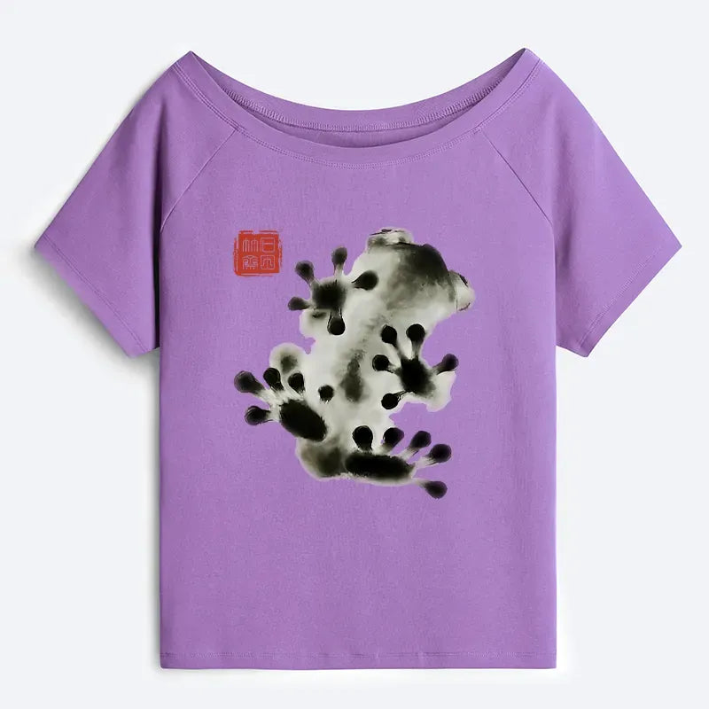 Kyoto-Lion Ink Painting Frog Off Shoulder T-Shirt