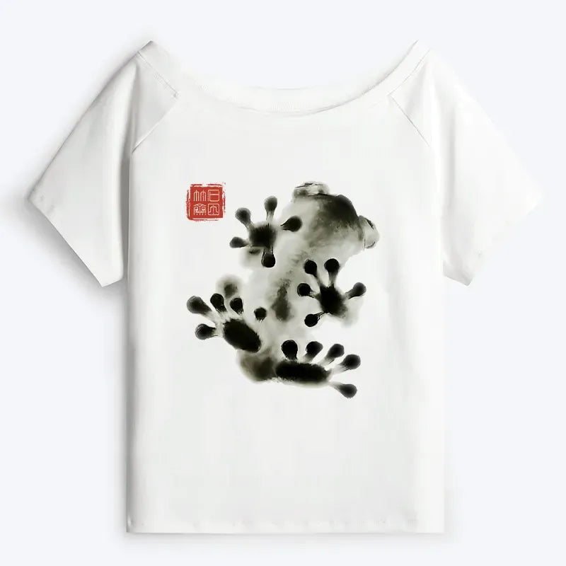 Kyoto-Lion Ink Painting Frog Off Shoulder T-Shirt