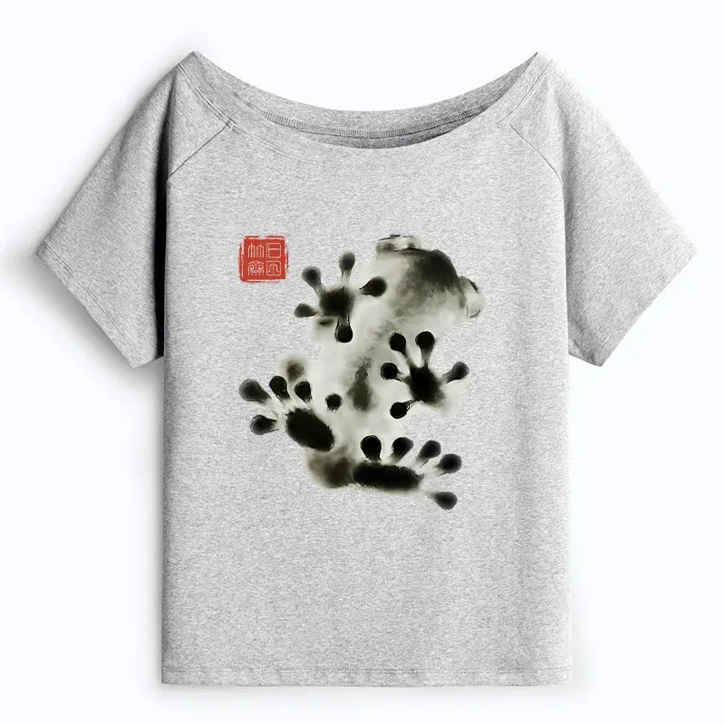 Japanese Frog Ink Painting Off Shoulder T-Shirt