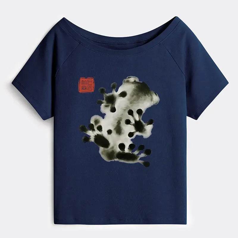 Kyoto-Lion Ink Painting Frog Off Shoulder T-Shirt