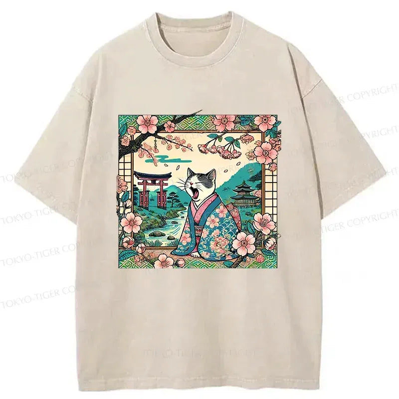 japanese yawning cat washed t-shirt