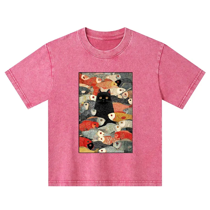 Kyoto-Lion Cats And Fish Kids Washed T-Shirt