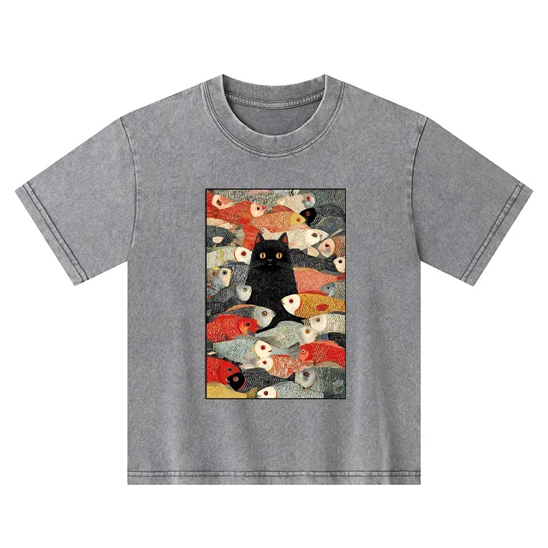 Kyoto-Lion Cats And Fish Kids Washed T-Shirt