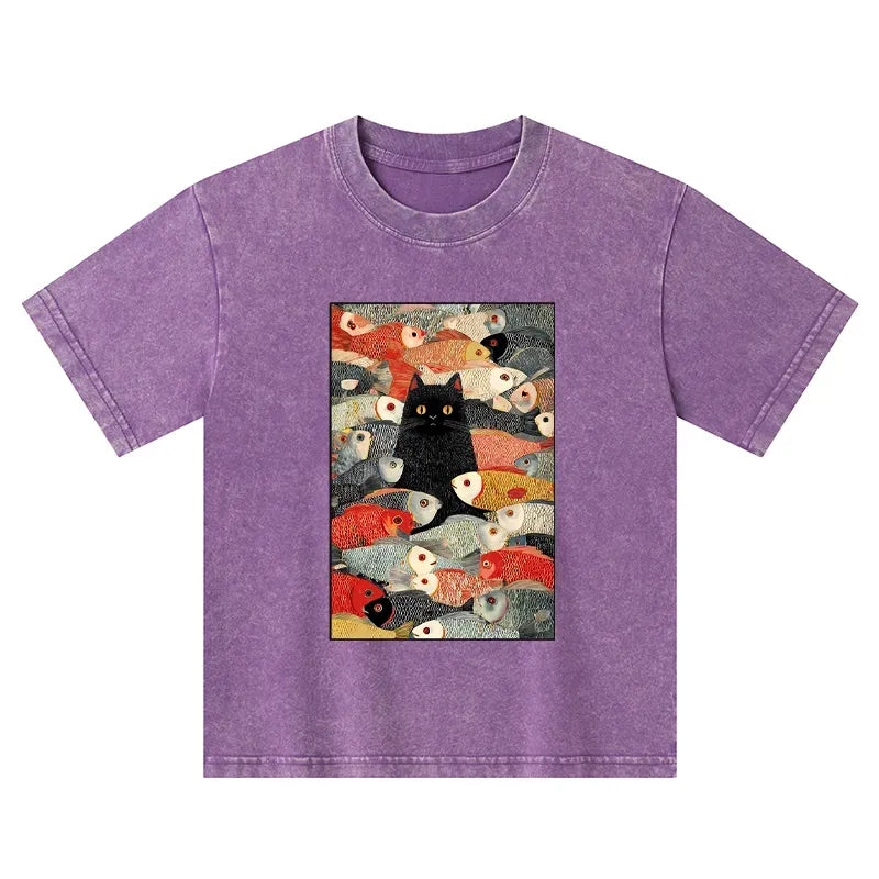 Japanese Kids T-Shirt with Cats and Fish