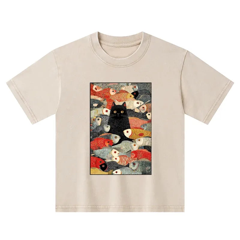 Japanese Kids T-Shirt with Cats and Fish