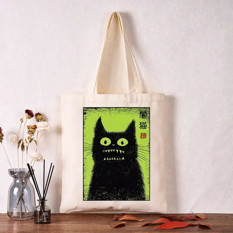 japanese spooky black cat tote bag
