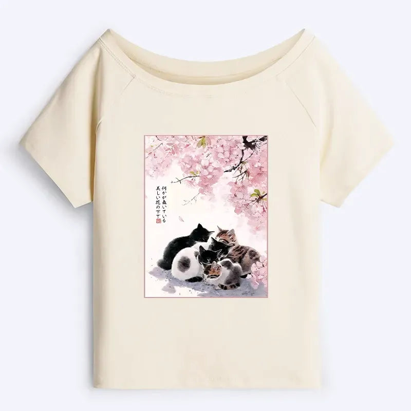Japanese Sakura Cat Off Shoulder T-Shirt for Summer
