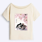 Japanese Sakura Cat Off Shoulder T-Shirt for Summer