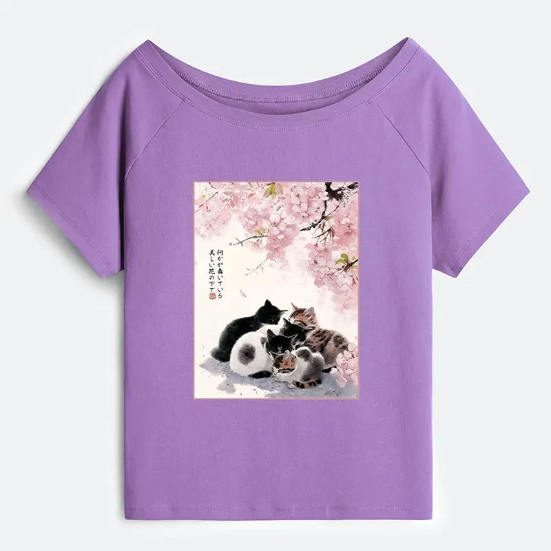 Cute Cats Garden Off Shoulder Tee for Daily Wear