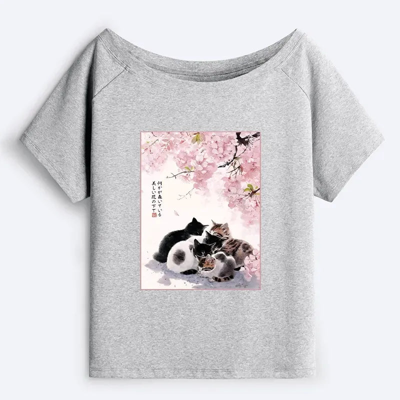 Japanese Sakura Cat Off Shoulder T-Shirt for Summer