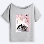 Japanese Sakura Cat Off Shoulder T-Shirt for Summer