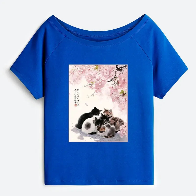 Kyoto-Lion Cute Cats Sakura Garden Off Shoulder T-Shirt