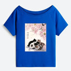 Kyoto-Lion Cute Cats Sakura Garden Off Shoulder T-Shirt