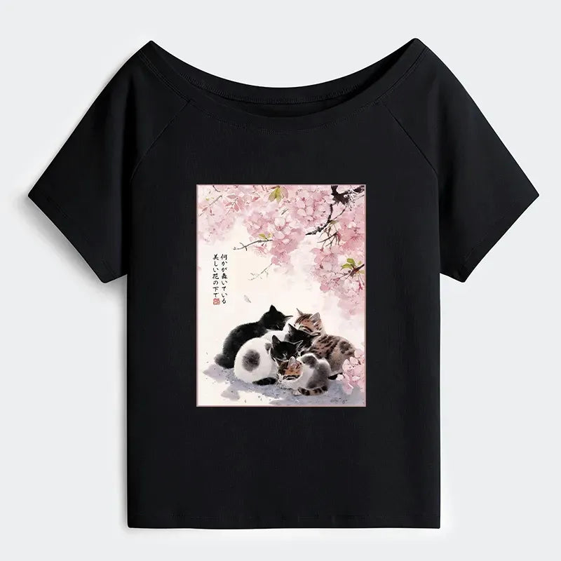 Cute Cats Garden Off Shoulder Tee for Daily Wear