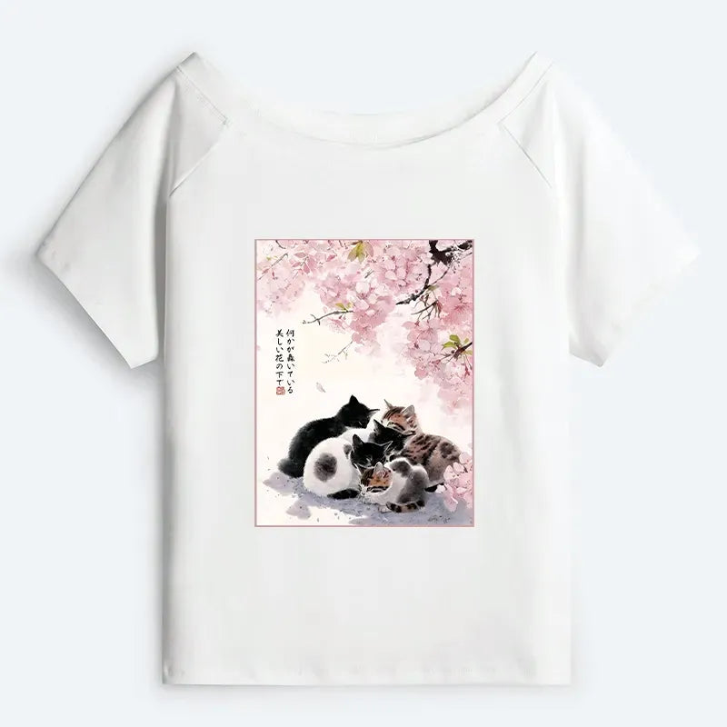 Japanese Sakura Cat Off Shoulder T-Shirt for Summer