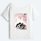Japanese Sakura Cat Off Shoulder T-Shirt for Summer