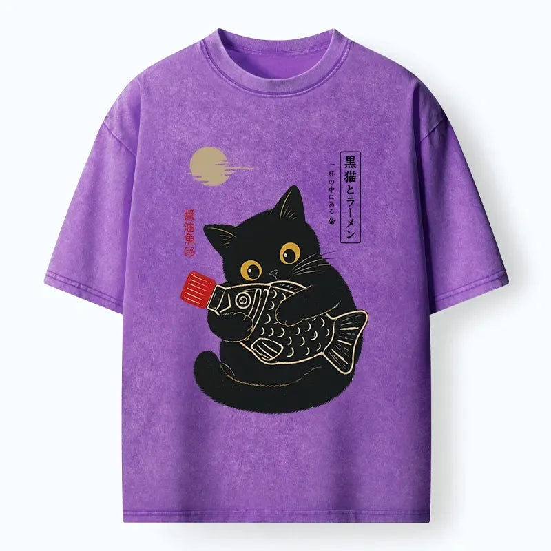Kyoto-Lion Cat Who Loves Japanese Food Washed T-Shirt