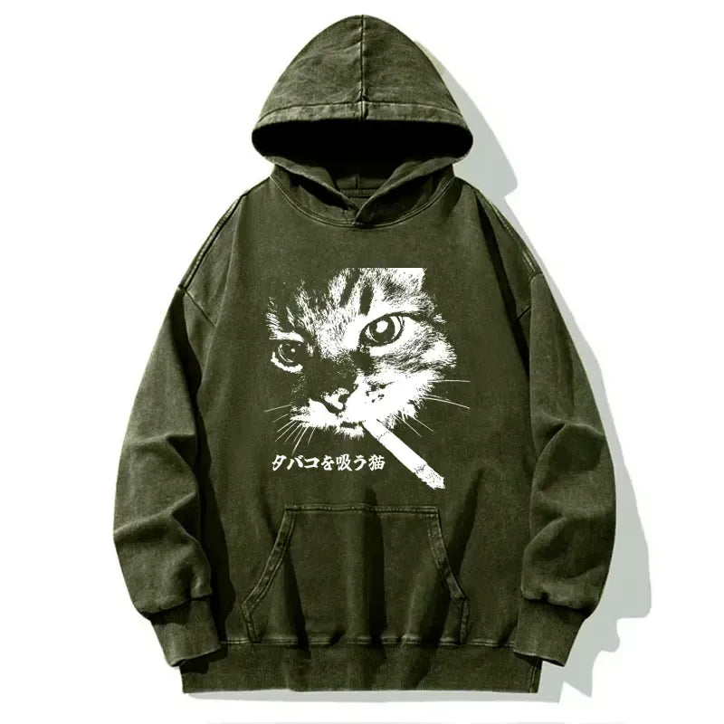 Kyoto-Lion Retro Cat Smoking Washed Hoodie