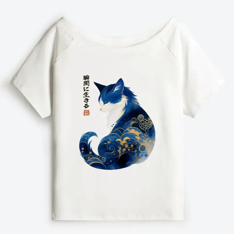 Kyoto-Lion Retro Zen Cat: Living the Present Off Shoulder T-Shirt