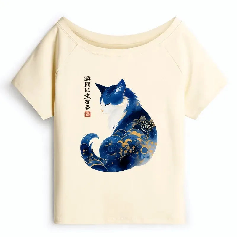 Retro Zen Cat Off Shoulder T-Shirt