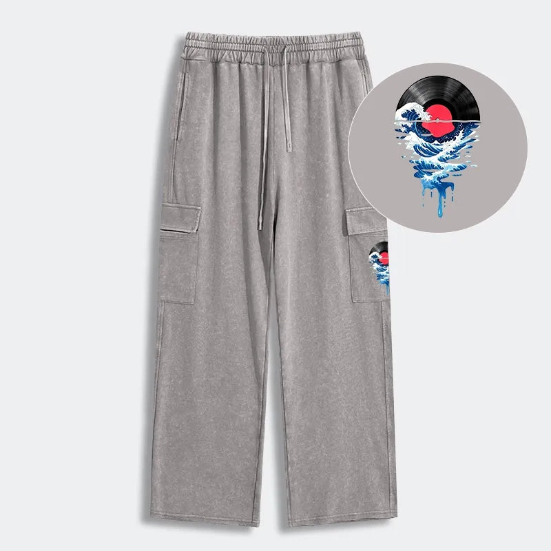 Kyoto-Lion Vinyl Records And Waves Washed Utility Sweatpants