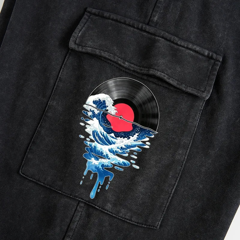 Kyoto-Lion Vinyl Records And Waves Washed Utility Sweatpants