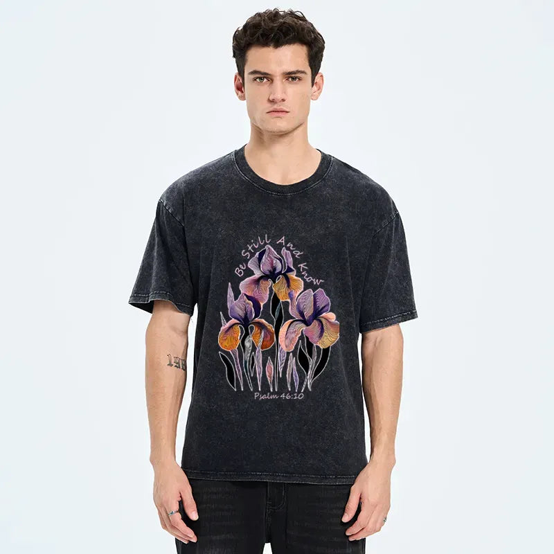 Kyoto-Lion 'Be Still and Know'Psalm 46:10 Iris Floral Washed T-Shirt