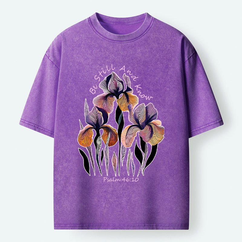 Kyoto-Lion 'Be Still and Know'Psalm 46:10 Iris Floral Washed T-Shirt