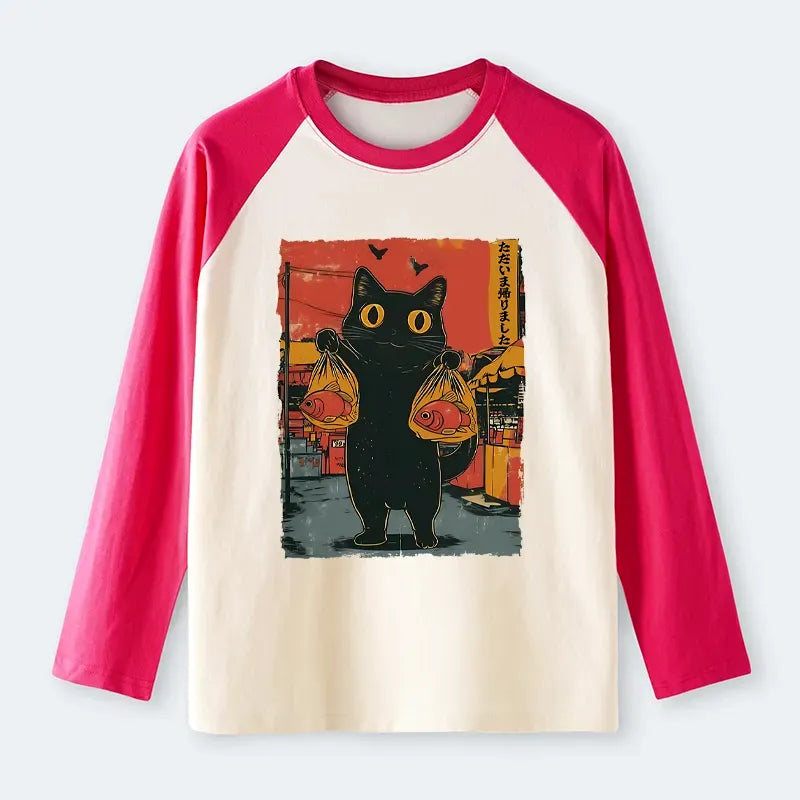 Kyoto-Lion Cat Fishing Japanese Raglan Long Sleeve T-shirt