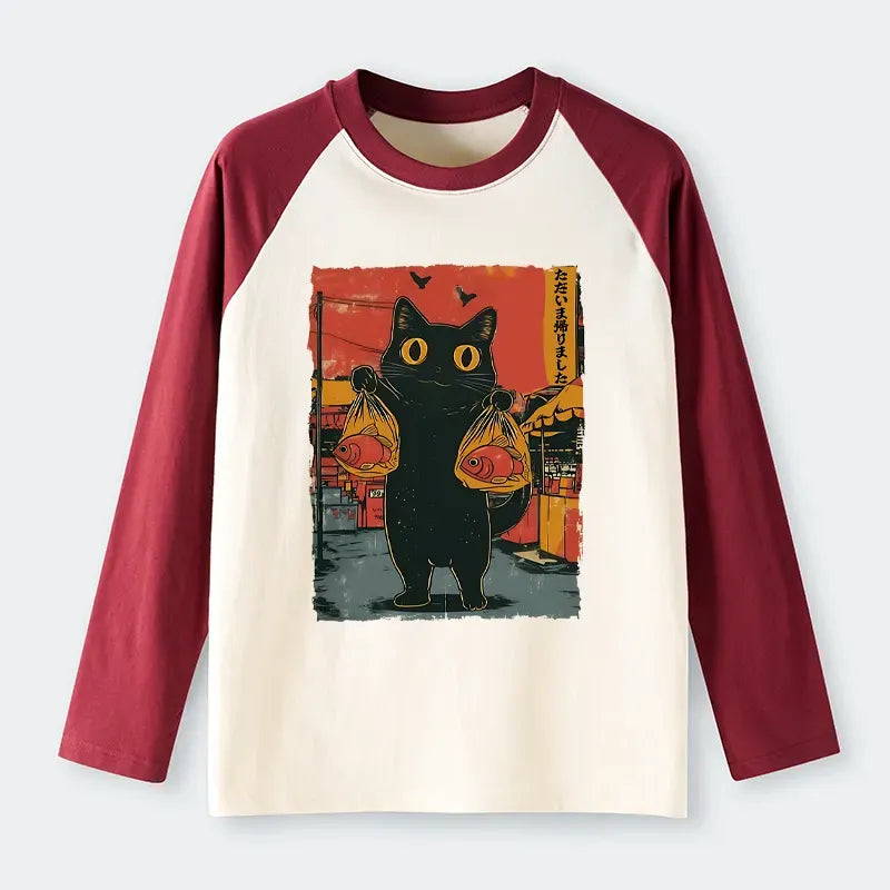 Kyoto-Lion Cat Fishing Japanese Raglan Long Sleeve T-shirt