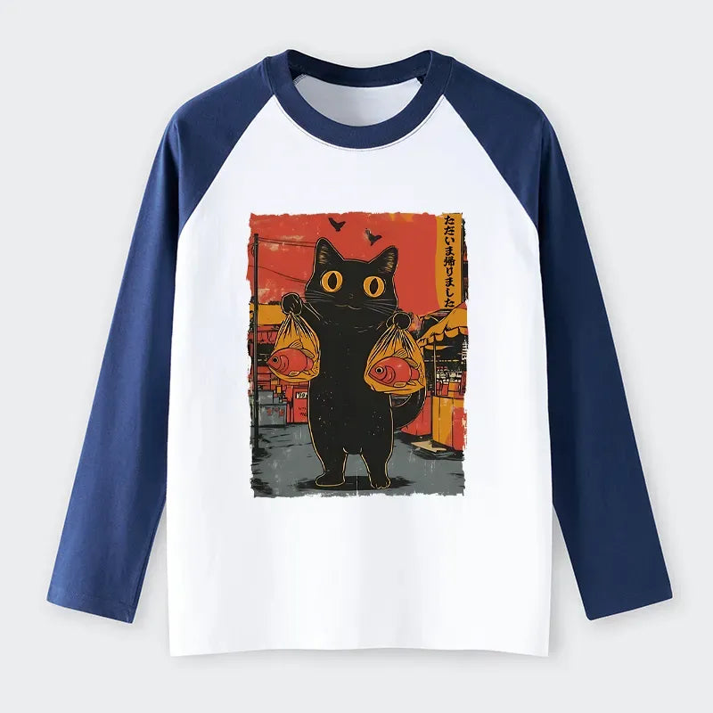 Japanese Cat Fishing Raglan T-shirt