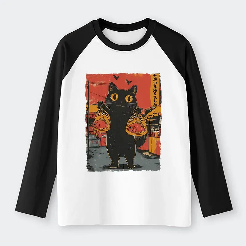 Japanese Cat Fishing Raglan T-shirt