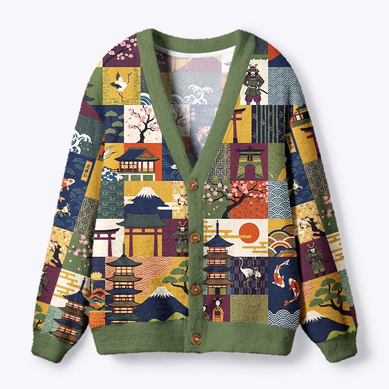 Kyoto-Lion Japanese Ukiyo-e Patchwork Ugly Cardigan Sweater